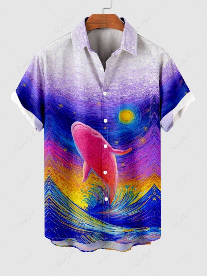 Hawaii Plus Size Oil Painting Shark Sun Sea Creatures Waves Print Buttons Pocket Shirt For Men Multi-A 4XL