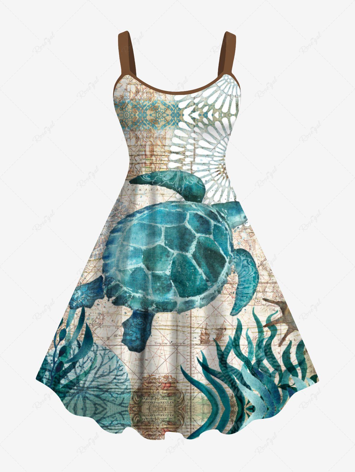 Outfit Hawaii Plus Size Sea Creatures Turtle Seaweed Floral Print Tank Dress  