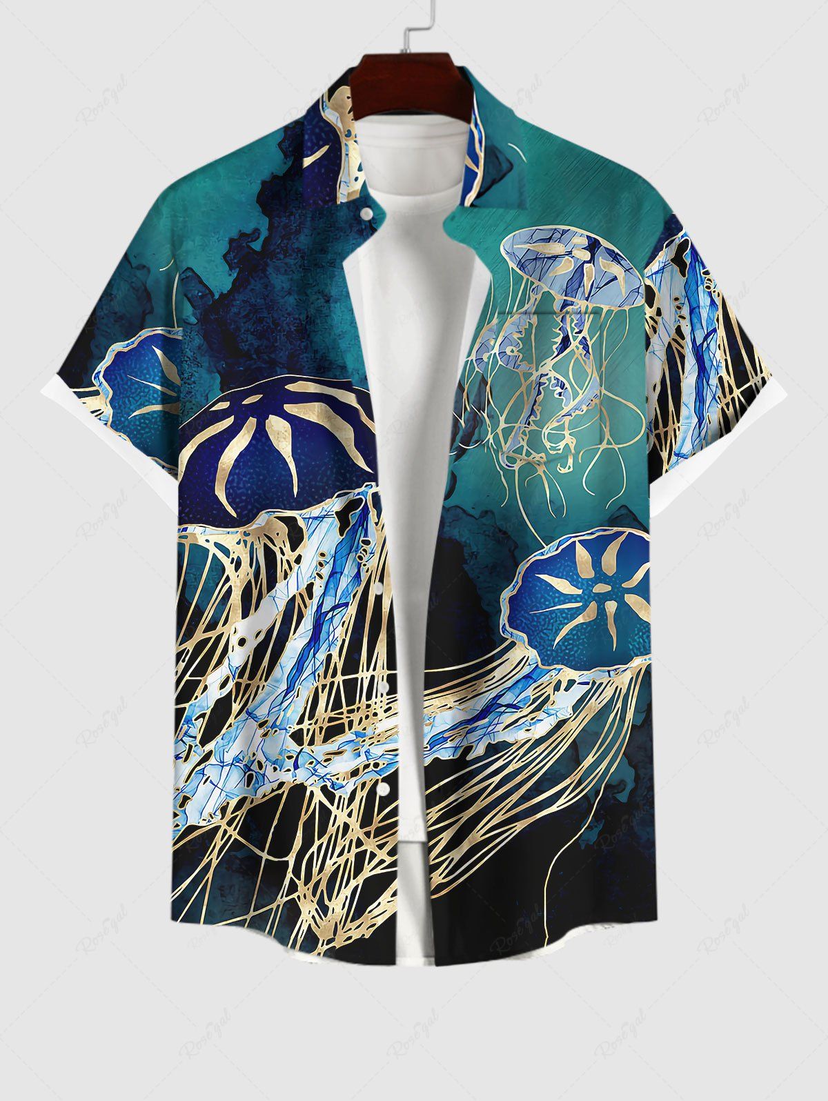 New Hawaii Plus Size Sea Creatures Underwater World Jellyfish Print Buttons Pocket Shirt For Men  
