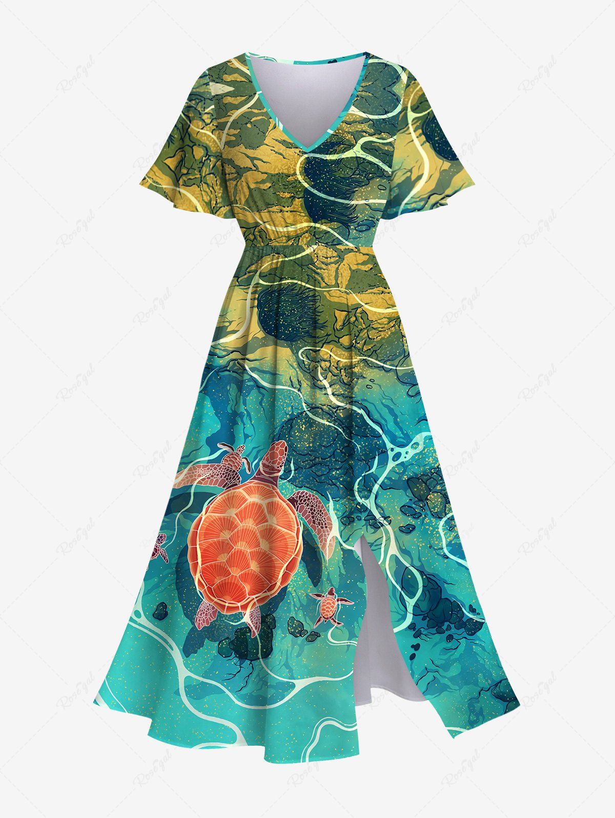 Outfits Hawaii Pocket Plus Size Underwater Sea Creatures Turtle Print Split Dress  
