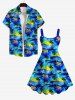 Robe Pin-Up Imprimée Cocotier Floral Grande Taille à Dos Nu - Bleu 5X