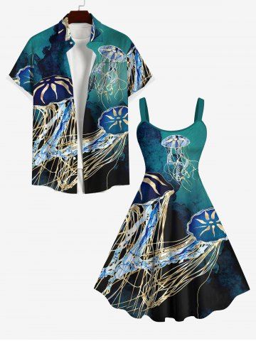 Sea Creatures Underwater World Jellyfish Print Plus Size Matching Hawaii Beach Outfit for Couples
