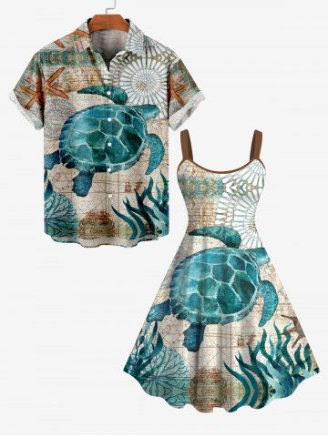 Sea Creatures Turtle Seaweed Floral Print Plus Size Matching Hawaii Beach Outfit for Couples - MULTI-A