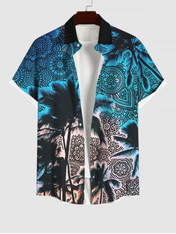 Plus Size Turn-down Collar Coconut Tree Vintage Floral Print Button Pocket Shirt For Men - BLUE - L