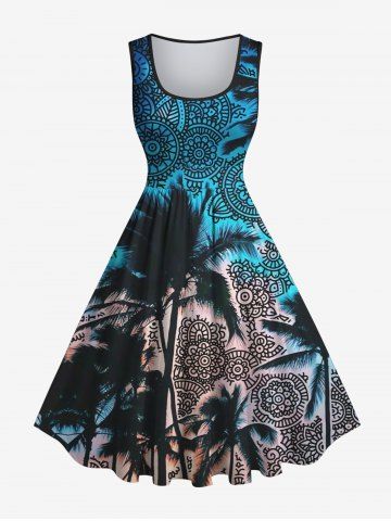 Plus Size Coconut Tree Vintage Floral Print Sleeveless A Line Dress