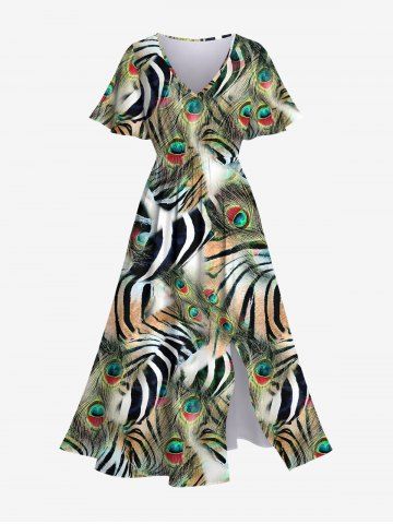 Hawaii Plus Size Peacock Feather Tiger Zebra Striped Print Split Pocket A Line Dress - GREEN - XS