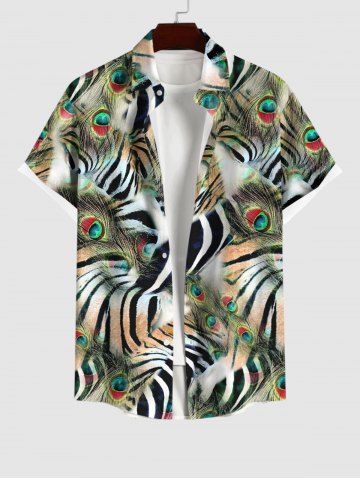 Plus Size Turn-down Collar Peacock Feather Tiger Zebra Striped Print Button Pocket Shirt For Men - GREEN - 3XL