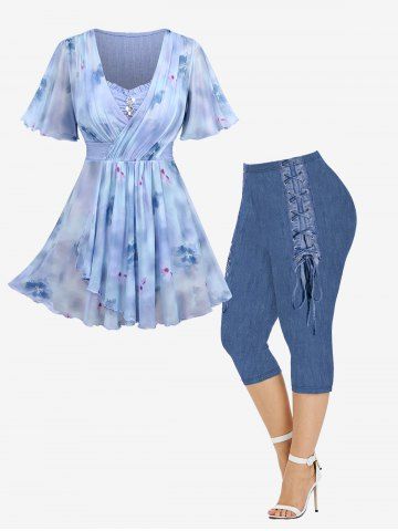 Flowers Watercolor Painting Printed Surplice Chain Panel Ruched Ruffles Tulip Hem Top and Capri Leggings Plus Size Outfit - LIGHT BLUE
