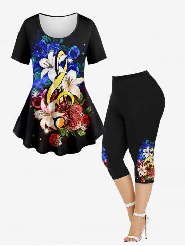 Lily Rose Flower Music Symbol Galaxy Printed T-shirt and Capri Leggings Plus Size Matching Set
