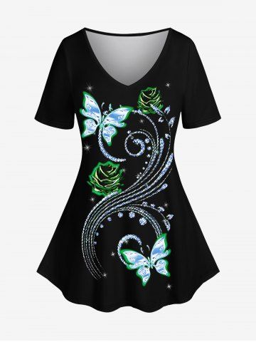 Plus Size Metallic Butterfly Rose Floewr Glitter Light Beam Print T-shirt - BLACK - S