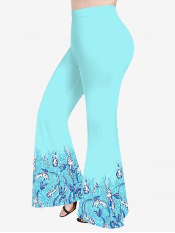 Plus Size Mermaid Water Wave Print Flare Pants - LIGHT BLUE - 3X