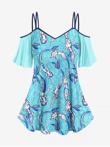 Plus Size Cold Shoulder Mermaid Water Wave Print Cami T-shirt - LIGHT BLUE - XS