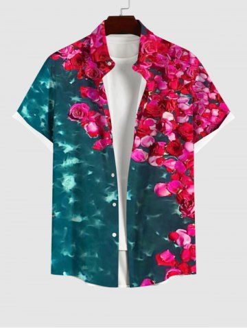 Hawaii Plus Size Sea Rose Flower Print Buttons Pocket Shirt For Men - MULTI-A - S