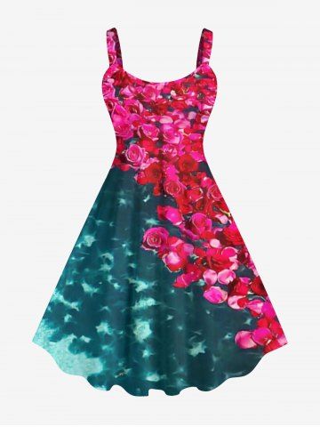Hawaii Plus Size Sea Rose Flower Print Tank Dress - MULTI-A - 1X