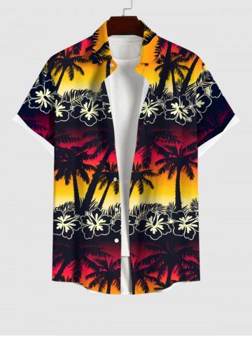Hawaii Plus Size Flower Coconut Tree Leaf Ombre Colorblock Sky Print Buttons Pocket Shirt For Men - BLACK - S