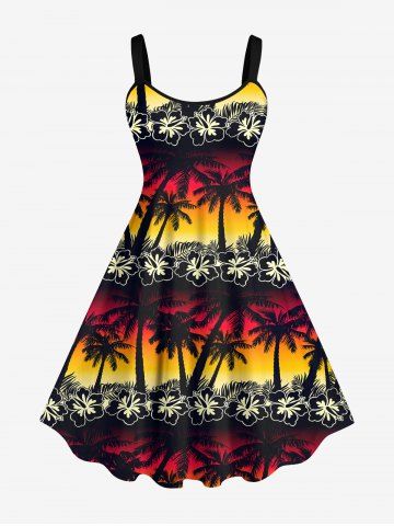 Hawaii Plus Size Flower Coconut Tree Leaf Ombre Colorblock Sky Print Tank Dress - BLACK - S
