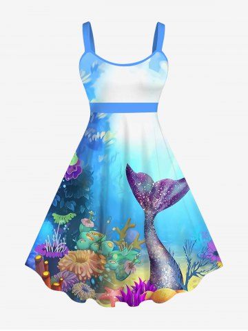Hawaii Plus Size Sea Creatures Underwater World Graphic Mermaid Print Ombre Backless A Line Tank Dress - MULTI-A - XS