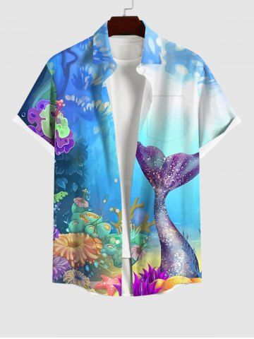 Hawaii Plus Size Turn-down Collar Sea Creatures Underwater World Graphic Mermaid Print Ombre Button Pocket Shirt For Men - MULTI-A - S