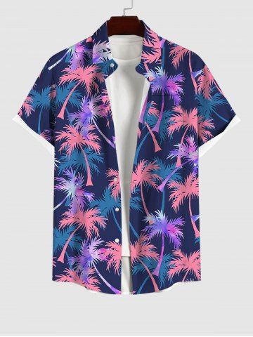 Hawaii Plus Size Coconut Tree Leaf Print Buttons Pocket Shirt For Men - BLUE - S