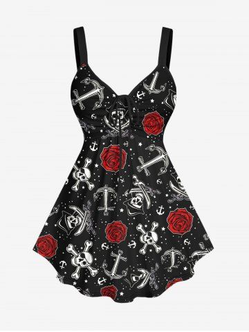 Plus Size Skulls Rose Flower Anchor Print Cinched Tank Top