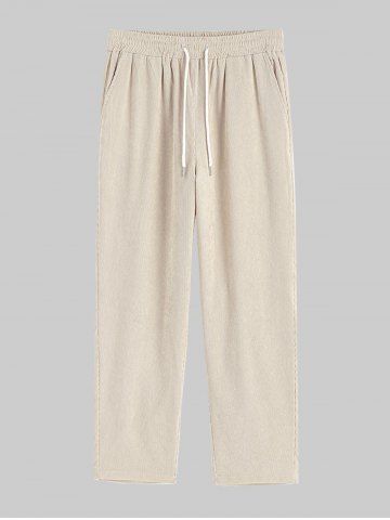Men's Minimalist Plain Color Straight Leg Drawstring Casual Corduroy Pants - LIGHT COFFEE - XL