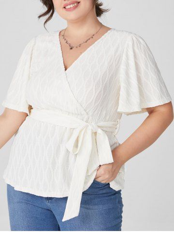 Plus Size Textured V Neck Surplice Self Belt Flare Sleeve Solid Color Tee