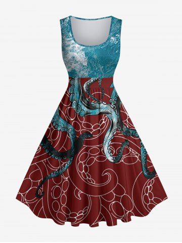 Plus Size Sea Waves Octopus Colorblock Print Vintage Dress