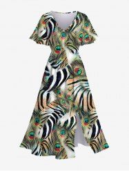 Robe Trapèze Rayée à Imprimé Tigre et Plume de Paon avec Poche Grande Taille - Vert M