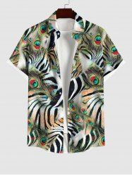 Hawaii Plus Size Turn-down Collar Peacock Feather Tiger Zebra Striped Print Button Pocket Shirt For Men -  