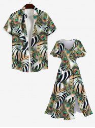 Peacock Feather Tiger Zebra Striped Print Split Dress and Button Shirt Plus Size Matching Hawaii Beach Outfit for Couples -  