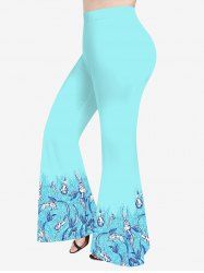Pantalon Evasé Vague D'Eau Sirène Imprimé de Grande Taille - Bleu clair XS