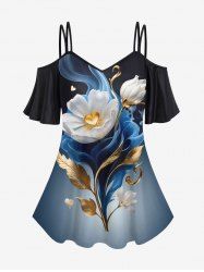 Plus Size Flower Leaf Heart Fog Ombre Colorblock 3D Print Cold Shoulder T-shirt -  