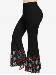 Pantalon Évasé à Imprimé Crânes Fleurs et Squelette Grande-Taille - Noir M