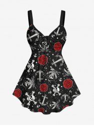 Plus Size Skulls Rose Flower Anchor Print Cinched Tank Top -  