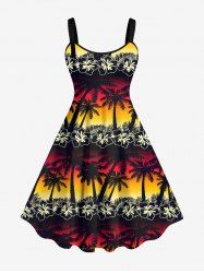 Hawaii Plus Size Flower Coconut Tree Leaf Ombre Colorblock Sky Print Tank Dress -  