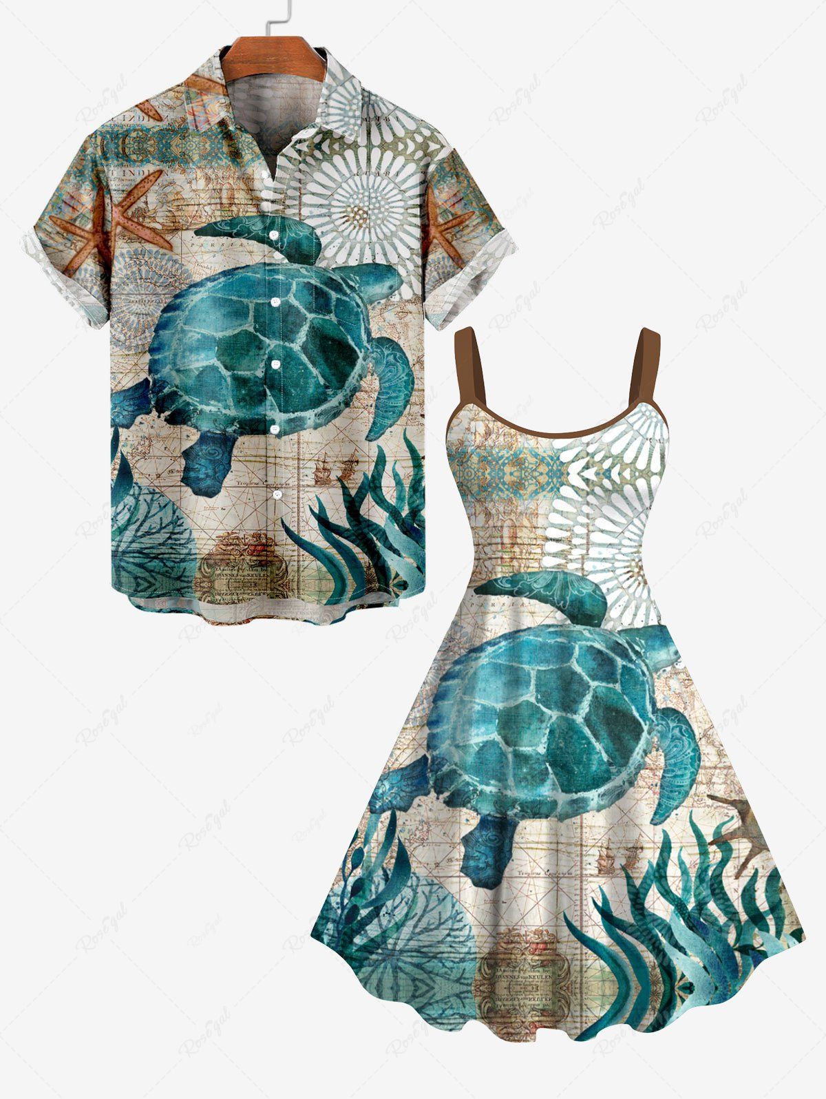 Fancy Sea Creatures Turtle Seaweed Floral Print Plus Size Matching Hawaii Beach Outfit for Couples  