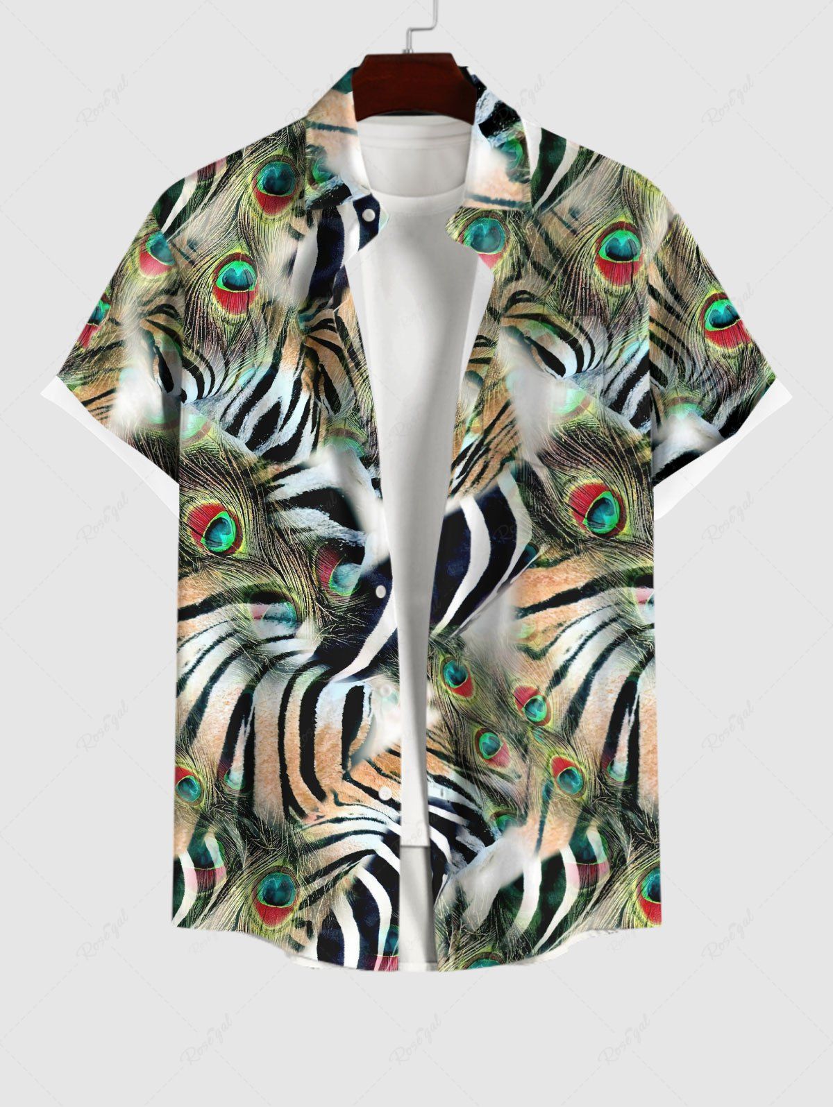 Hawaii Plus Size Turn-down Collar Peacock Feather Tiger Zebra Striped Print Button Pocket Shirt For Men Vert L