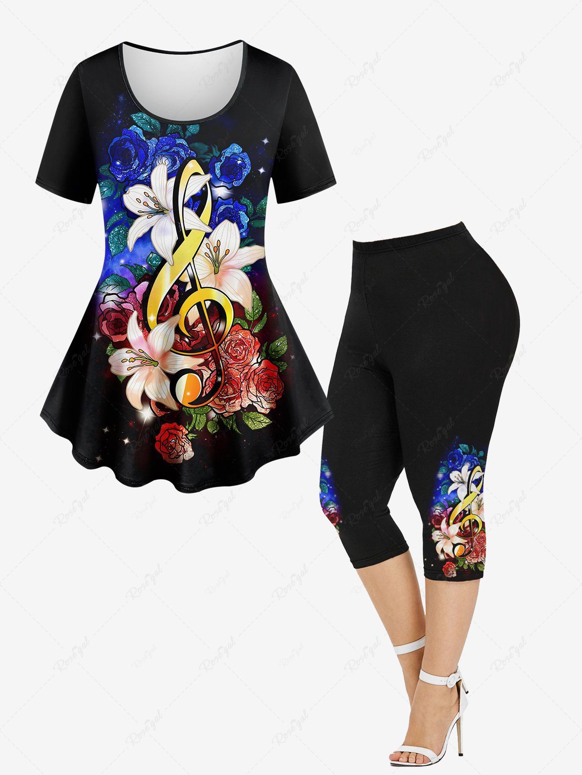 Latest Lily Rose Flower Music Symbol Galaxy Printed T-shirt and Capri Leggings Plus Size Matching Set  
