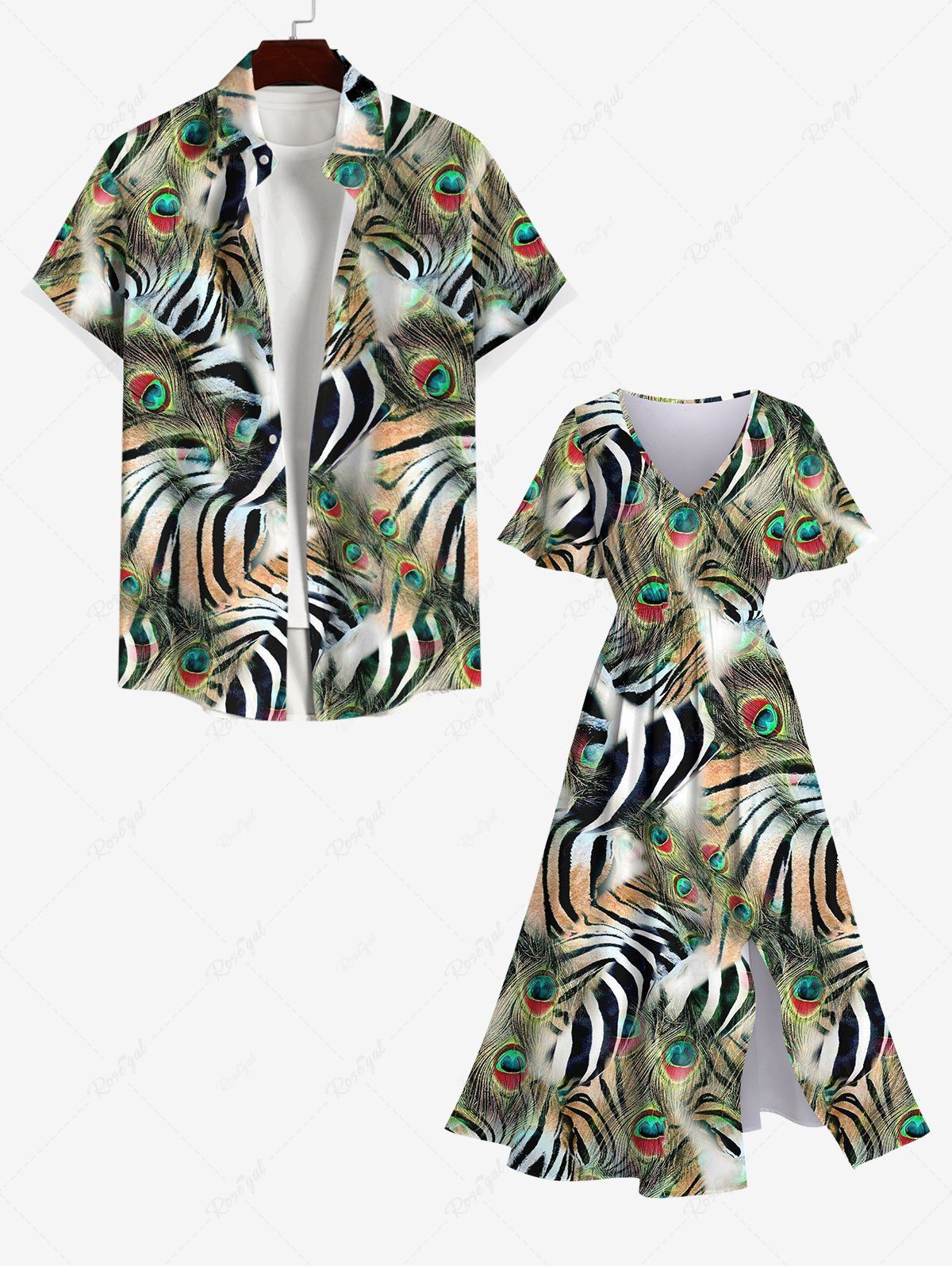 Latest Peacock Feather Tiger Zebra Striped Print Split Dress and Button Shirt Plus Size Matching Hawaii Beach Outfit for Couples  