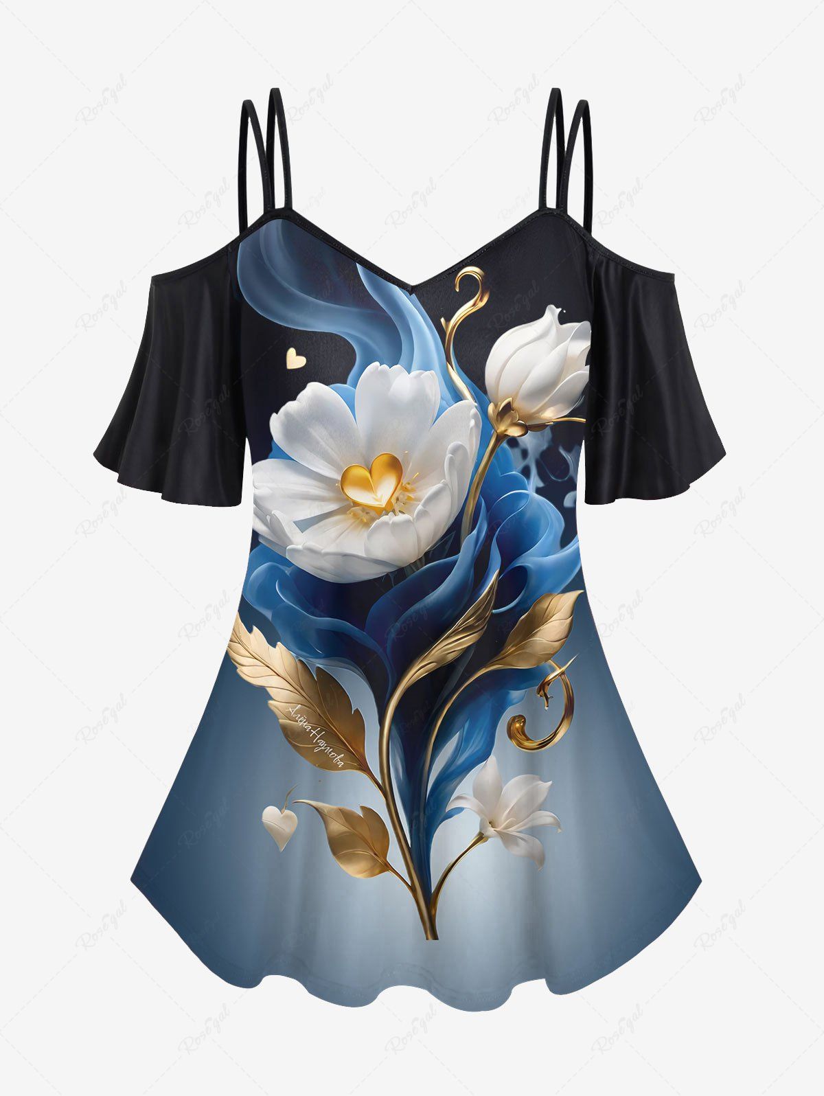 Cheap Plus Size Flower Leaf Heart Fog Ombre Colorblock 3D Print Cold Shoulder T-shirt  