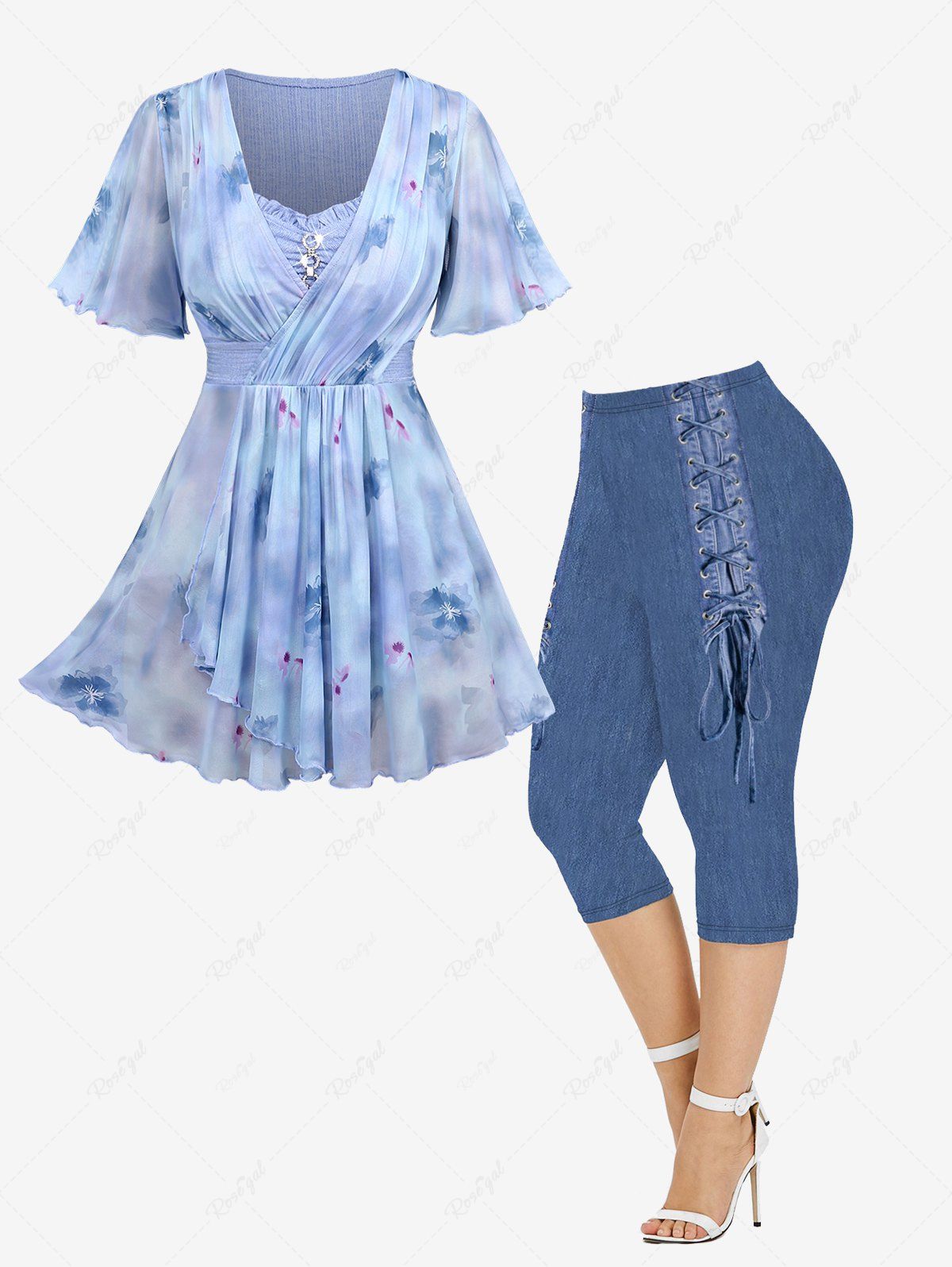 Chic Flowers Watercolor Painting Printed Surplice Chain Panel Ruched Ruffles Tulip Hem Top and Capri Leggings Plus Size Outfit  