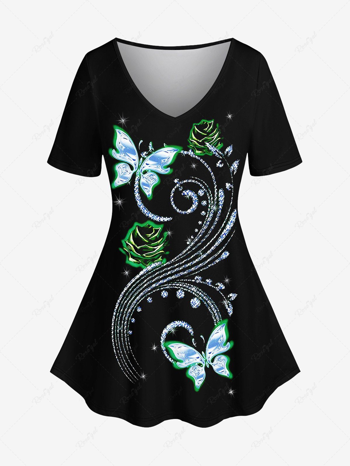 T-shirt Brillant Blouson Papillon et Rose Frisée Métallique Grande Taille Noir 6X