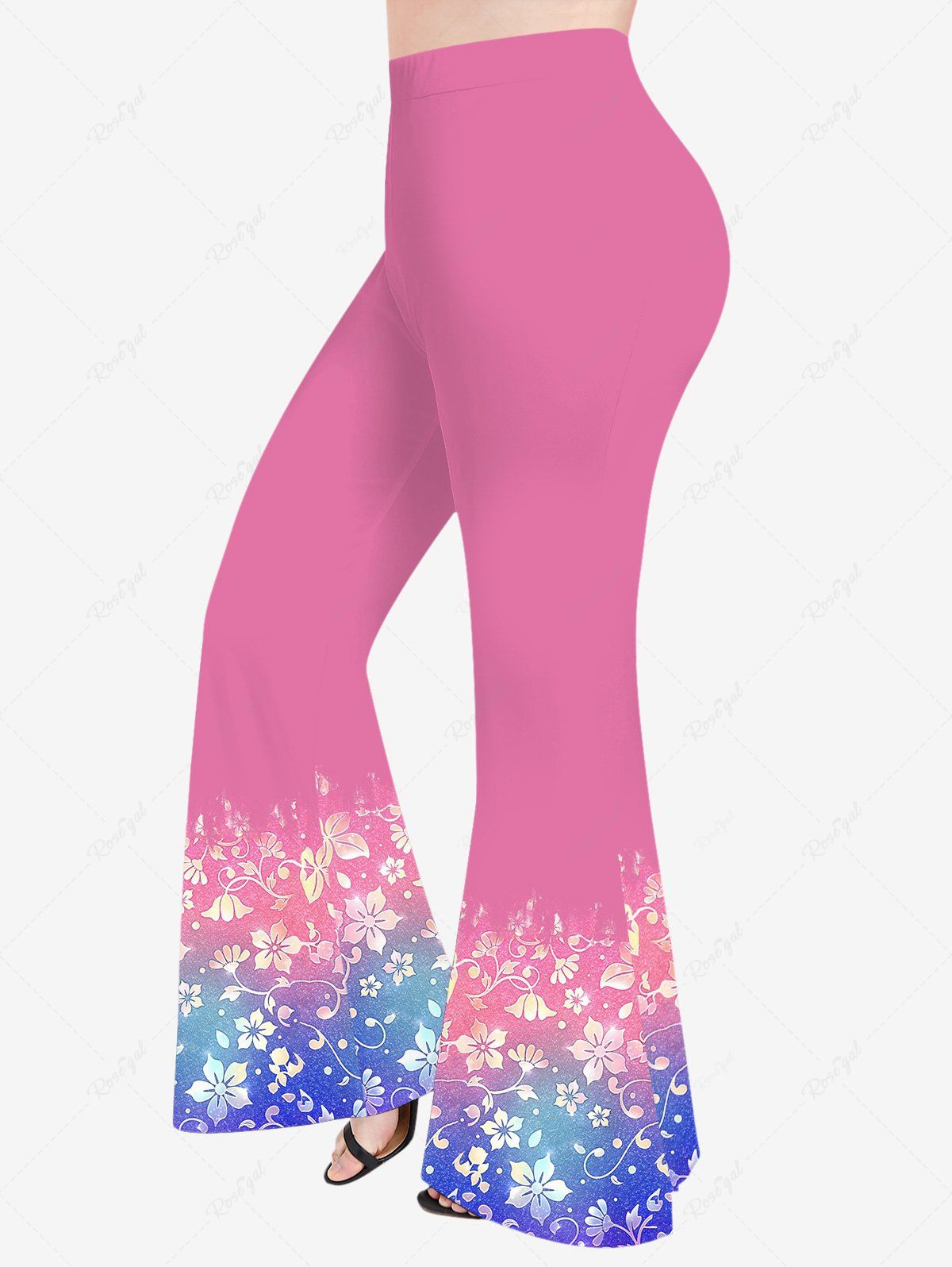Pantalon Évasé Ombré à Imprimé Galaxie et Fleur Grande-Taille Rose clair 3X