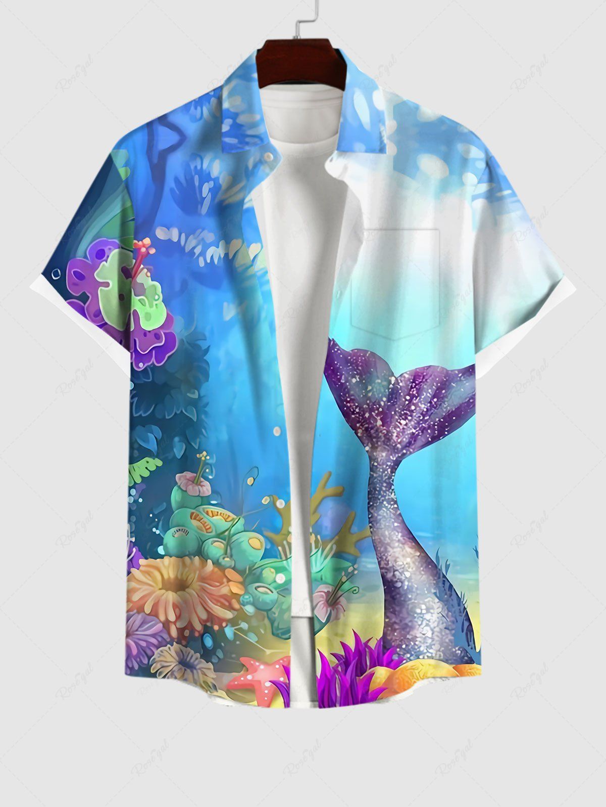 Discount Hawaii Plus Size Turn-down Collar Sea Creatures Underwater World Graphic Mermaid Print Ombre Button Pocket Shirt For Men  