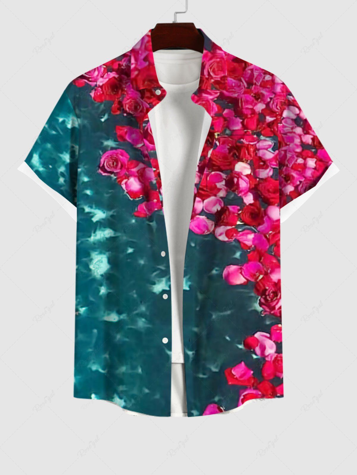 Fancy Hawaii Plus Size Sea Rose Flower Print Buttons Pocket Shirt For Men  