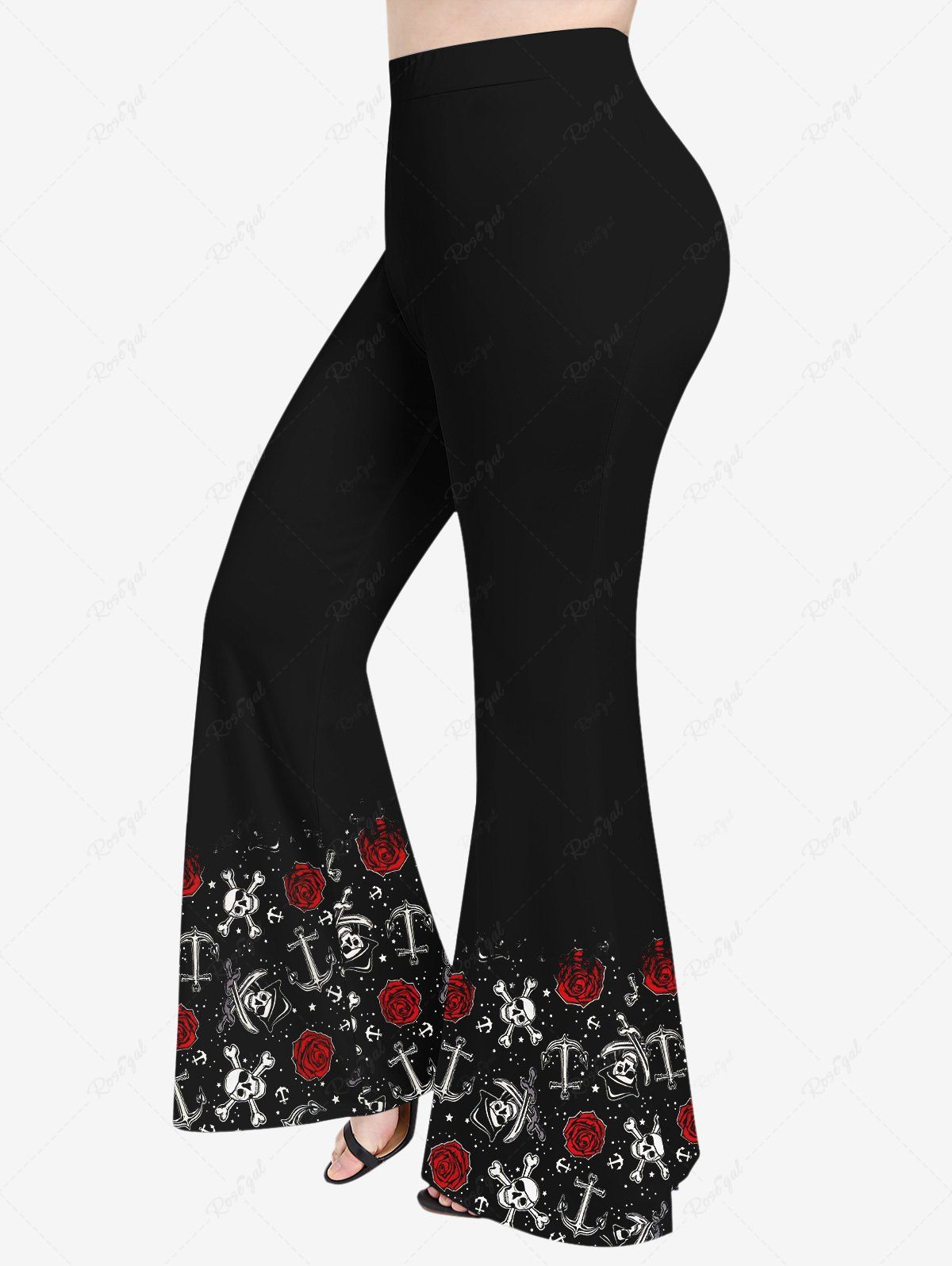 Pantalon Évasé à Imprimé Crânes Fleurs et Squelette Grande-Taille Noir M