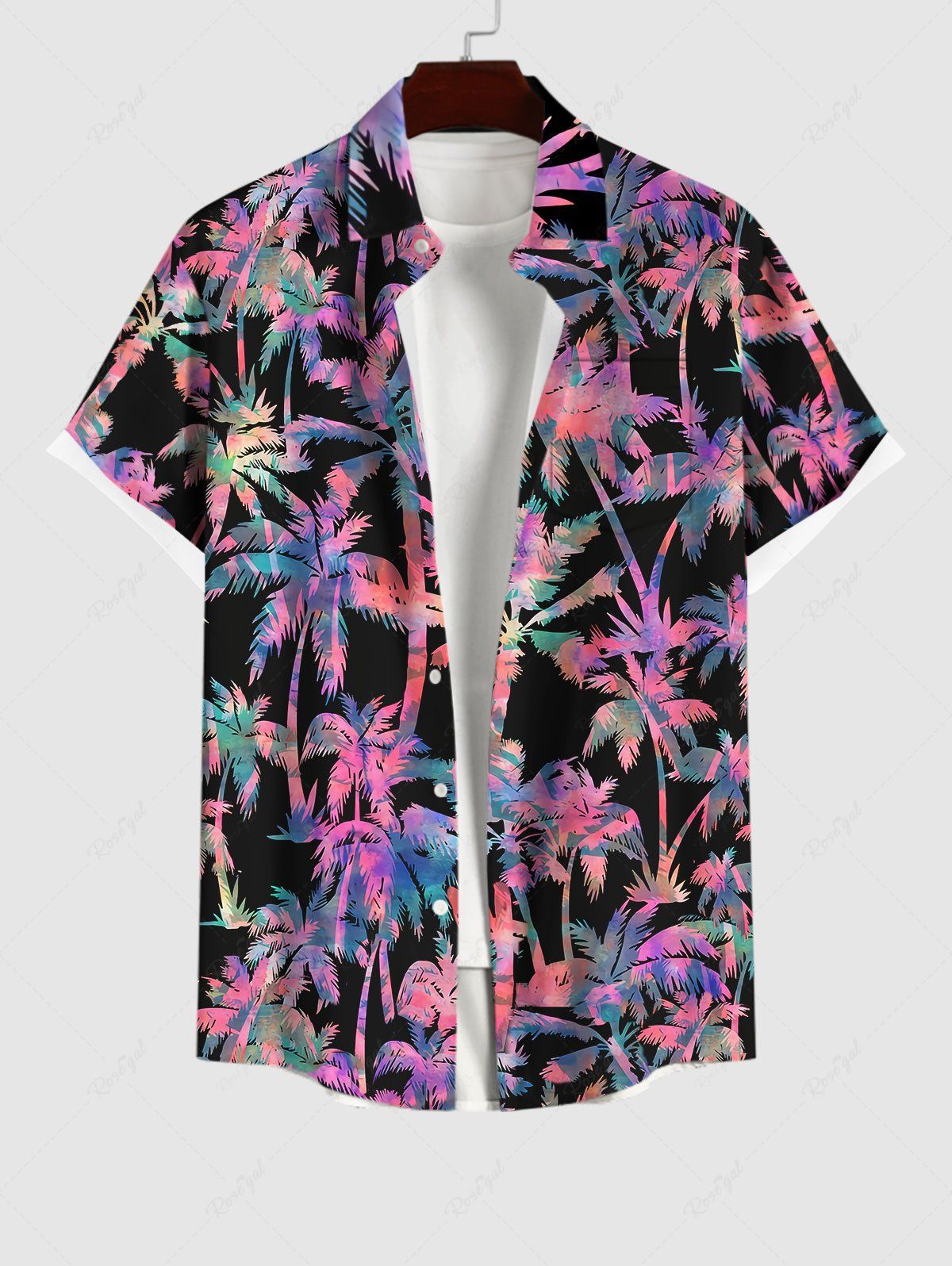 Unique Hawaii Plus Size Ombre Coconut Tree Print Buttons Pocket Shirt For Men  