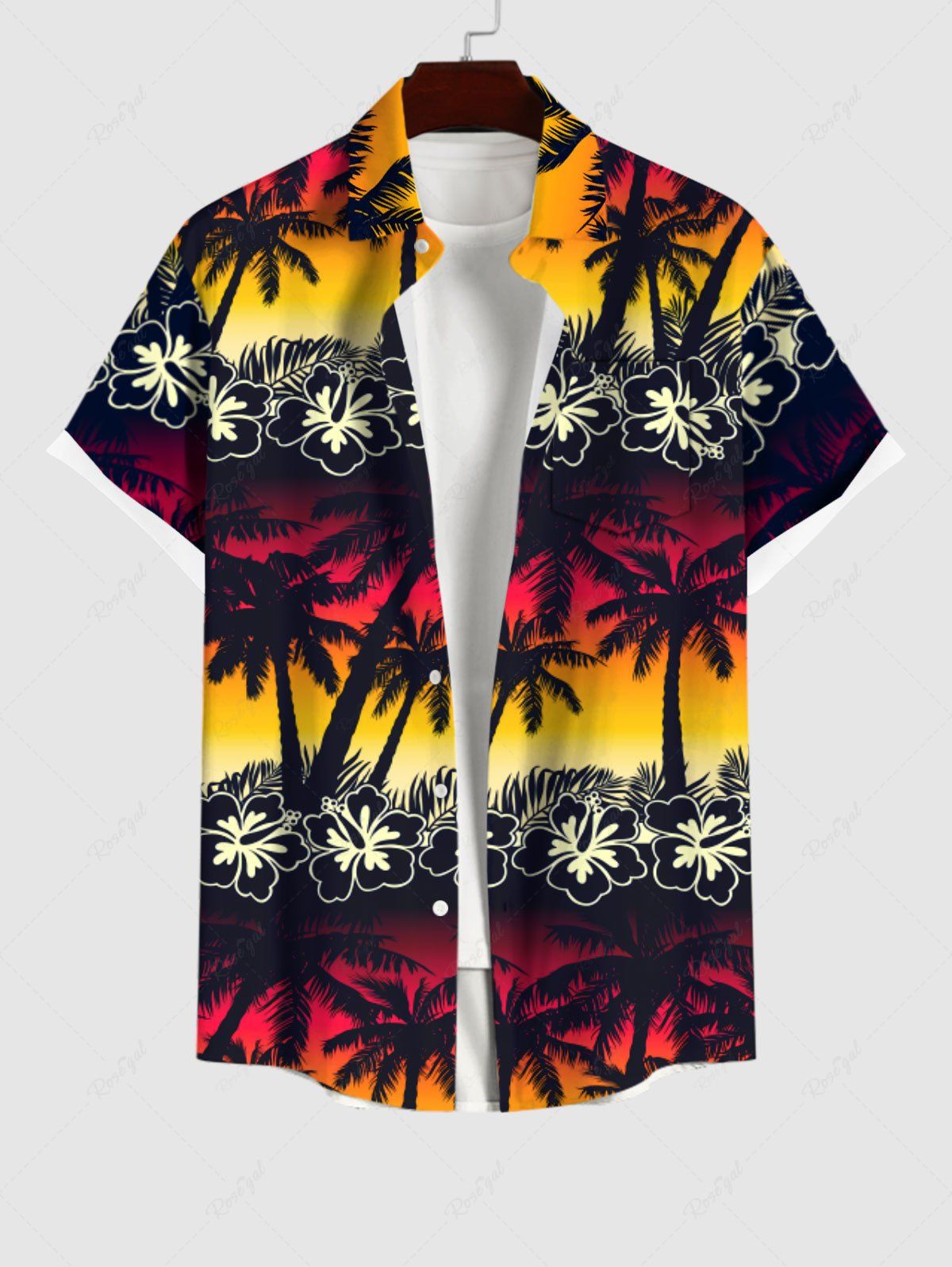 Hot Hawaii Plus Size Flower Coconut Tree Leaf Ombre Colorblock Sky Print Buttons Pocket Shirt For Men  