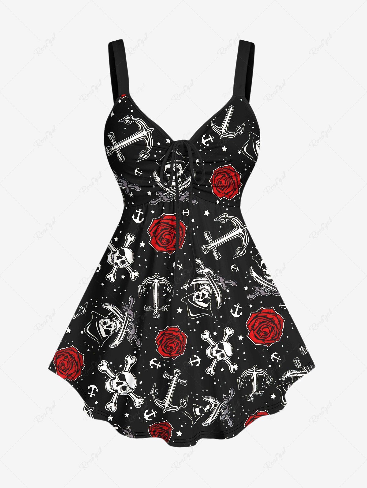Unique Plus Size Skulls Rose Flower Anchor Print Cinched Tank Top  