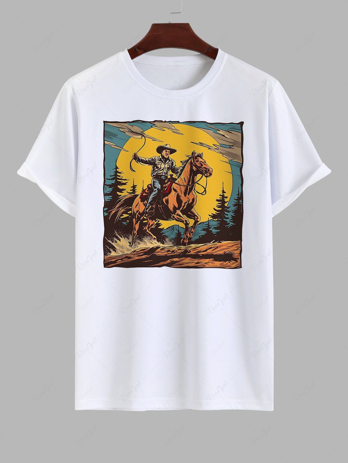 Hot Men's Cowboy Riding Horse in Sunset Graphic Print T-shirt  